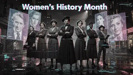 Women's History Month 4K Ultra HD PC desktop wallpaper of a black-and-white group of women in period attire standing united in a neon-lit city with oversized billboard portraits.