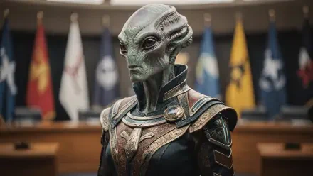 4K Ultra HD PC desktop wallpaper: stoic alien diplomat in ornate ceremonial armor stands in a council chamber, flags and a curved bench forming a formal background.