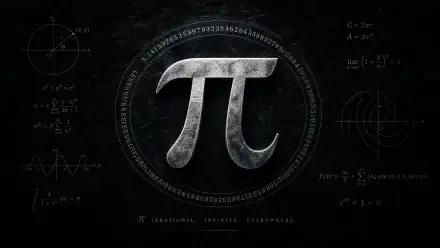 4K Ultra HD PC desktop wallpaper: metallic π symbol centered on a dark chalkboard background, encircled by digits of pi and scattered mathematical formulas.