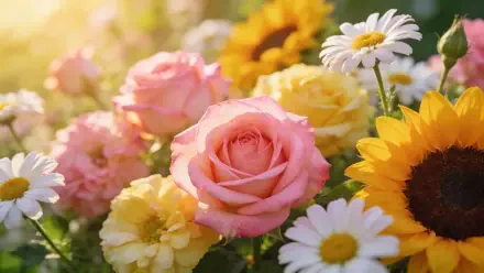 4K Ultra HD PC desktop wallpaper and background: summer floral nature scene with a pink rose, sunflowers, daisies and golden blooms bathed in warm sunlight.