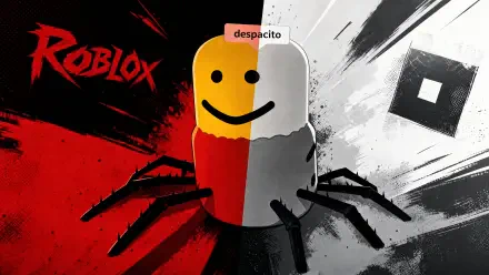 Roblox 4K Ultra HD PC desktop wallpaper and background: half-red, half-white blocky mascot with a smiling face and spider-like legs on a gritty red and gray split backdrop with Roblox logo.