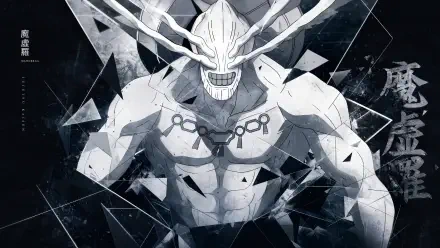 Mahoraga (Jujutsu Kaisen): towering masked, horned, muscular demon with chains and shattered-glass effects in monochrome — 4K Ultra HD PC desktop wallpaper and background.