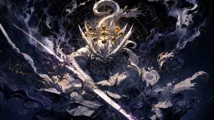 Mahoraga (Jujutsu Kaisen) brandishing a spear beneath a horned crown, engulfed in swirling dark energy — 4K Ultra HD PC desktop wallpaper and background.