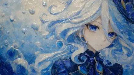 4K Ultra HD PC desktop wallpaper of Furina (Genshin Impact): close-up portrait with flowing white-blue hair, piercing blue eyes and shimmering water-bubble motifs.