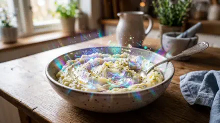 Close-up of creamy mashed potatoes garnished with herbs in a bowl on a wooden table with an iridescent sparkle overlay — 5K Ultra HD PC desktop wallpaper and background.
