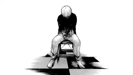 Tokyo Ghoul 5K Ultra HD desktop wallpaper: white-haired figure slumped on a chair in a black top and torn pants, stark monochrome art over a fragmented checkered floor.
