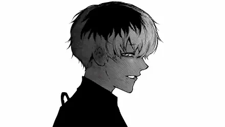 Monochrome profile of a Tokyo Ghoul:re character with two-tone hair and a subtle, sinister smile — 5K Ultra HD PC desktop wallpaper/background.