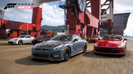 Forza Horizon 6 video game 4K Ultra HD PC desktop wallpaper/background: high-speed sports cars racing past red harbor cranes on a sunlit road.
