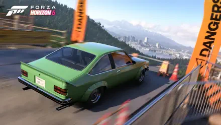 Forza Horizon 6 video game 4K Ultra HD PC desktop wallpaper and background — green classic car drifting on a mountain road past orange banners and cones with a distant city skyline.