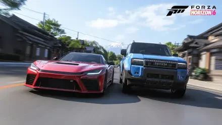 Forza Horizon 6 video game 4K Ultra HD PC desktop wallpaper: red sports car and blue off‑roader racing past traditional village houses toward snow‑capped mountains, Forza logo.