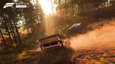 Forza Horizon 6 video game 4K Ultra HD PC desktop wallpaper: two rally cars kick up dust racing through a sunlit forest trail.