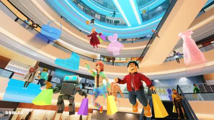 Vibrant Roblox video game scene of diverse avatars and robots shopping in a multi-level mall, rendered as a 4K Ultra HD PC desktop wallpaper and background.