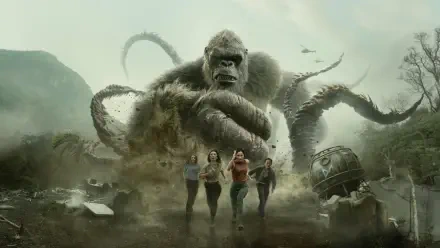 Monarch: Legacy of Monsters 4K Ultra HD PC desktop wallpaper and background — a colossal tentacled ape looming over four running survivors amid wreckage and aircraft.