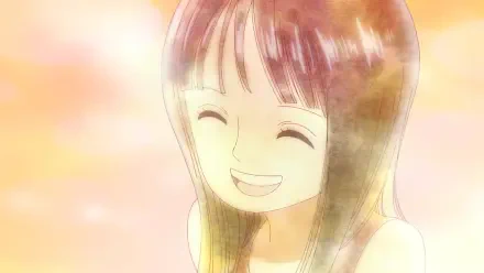HD PC desktop wallpaper featuring Nico Robin from One Piece: anime-style close-up of her smiling with eyes closed, bathed in warm, glowing pastel light.