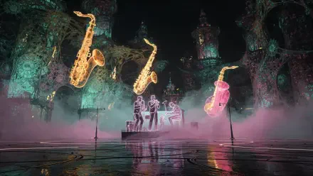 Vaporjazz 4K Ultra HD PC desktop wallpaper: neon vaporwave jazz scene with glowing floating saxophones and a silhouetted trio on a misty, reflective cavern stage.