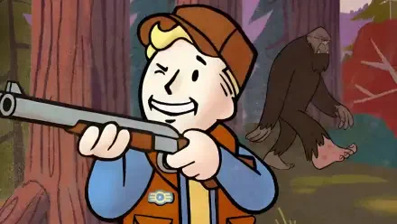 Vault Boy winking and aiming a shotgun in a forest while a Bigfoot-like figure flees — Fallout 76 video game Fallout HD PC desktop wallpaper/background.