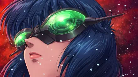 Cyberpunk anime portrait of Motoko Kusanagi from The Ghost in the Shell 2026 — blue-haired waifu with a glowing green visor, 5K Ultra HD PC desktop wallpaper with a starry red nebula backdrop.
