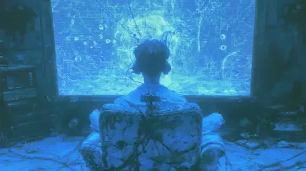 Sci‑fi nostalgia 2K Quad HD PC desktop wallpaper: lone figure with headphones and tangled cables sits facing a cracked, glowing blue screen in a retro‑futuristic room.
