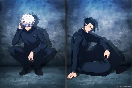 2K Quad HD Jujutsu Kaisen PC wallpaper: Satoru Gojo (white hair, sunglasses) and Suguru Geto in dark outfits seated against a moody blue-gray textured wall.