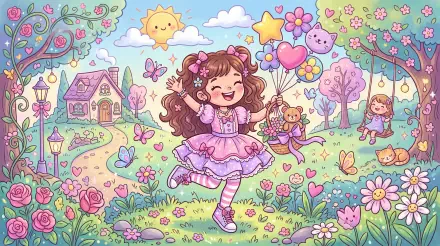 Girly 5K Ultra HD PC desktop wallpaper: pastel fairy-tale meadow with a smiling girl in a frilly dress holding heart balloons, surrounded by flowers, playful pets and cottages.