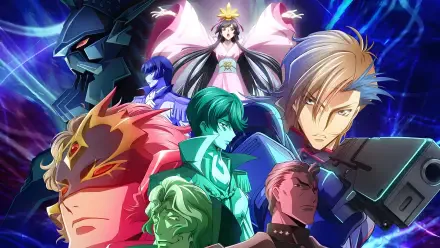 Vibrant 4K Ultra HD PC desktop wallpaper from Anime Code Geass: Rozé Of The Recapture — ensemble of characters with a looming Knightmare Frame against a cosmic blue backdrop.