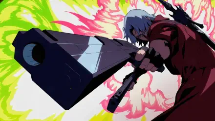 Devil May Cry (2025) Devil May Cry 4K Ultra HD PC desktop wallpaper: blue‑haired Dante wielding a massive sword‑gun, posed against a vivid neon explosion backdrop.