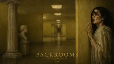 Backrooms — 4K Ultra HD PC desktop wallpaper/background: dim yellow endless corridor lined with classical busts, a terrified woman pressed against the wall.