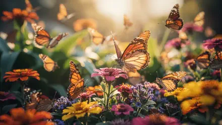 4K Ultra HD PC desktop wallpaper/background: vibrant butterfly garden with orange monarchs fluttering over colorful zinnias and sunlit blooms.
