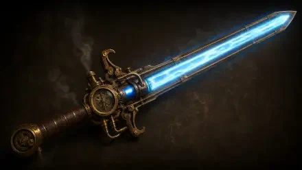 4K Ultra HD PC desktop wallpaper of an ornate steampunk hilt energy sword with a glowing blue plasma blade on a dark textured background.