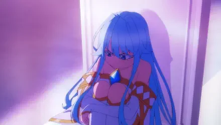 HD PC wallpaper of Elfaria Alvis Serholt from Wistoria: Wand and Sword — blue-haired anime elf in ornate white armor with a central blue gem, leaning against a purple-lit wall
