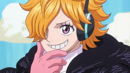 Lilith (One Piece) anime HD PC desktop wallpaper: orange-haired smirking character with headset and pink glove, hand to chin, wearing dark coat against a bright blue sky background.