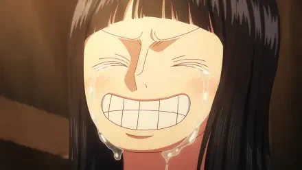 HD PC desktop wallpaper: close-up anime portrait of One Piece's Nico Robin with a forced toothy grin and tears streaming down her cheeks.