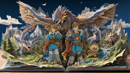 Monster Hunter Stories 3: Twisted Reflection 4K Ultra HD PC desktop wallpaper and background showing two armored riders with colorful wyverns and a Palico over a pop-up book mountain scene.