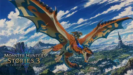4K Ultra HD PC desktop wallpaper and background for Monster Hunter Stories 3: Twisted Reflection — an orange wyvern soars over a vast fantasy landscape; video game Monster Hunter artwork.