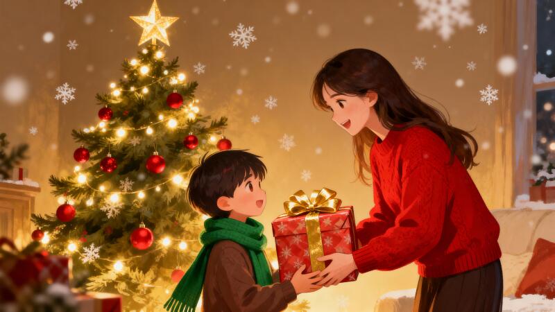 {{ 4K Ultra HD PC desktop wallpaper background: warm Christmas scene of a woman handing a wrapped gift to a child by a decorated tree, glowing lights and falling snowflakes. 