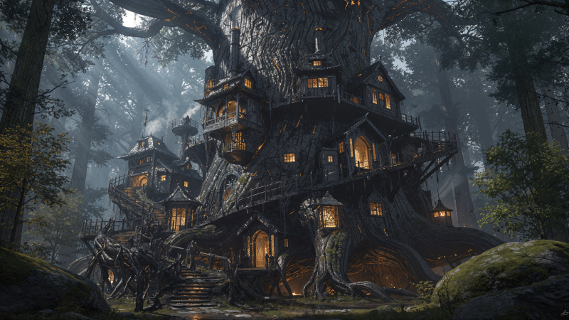 {{ Misty ancient tree transformed into a glowing multi-level treehouse village at night, warm lights and wooden walkways in a dark forest — 4K Ultra HD PC Desktop Wallpaper and Background.