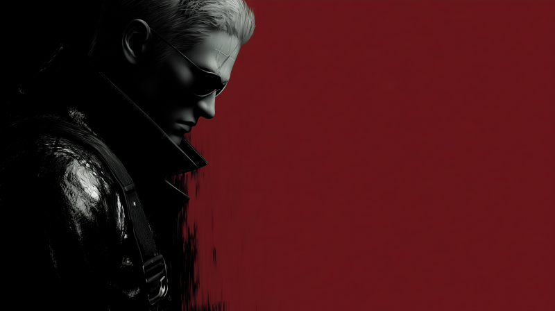 {{ 2K Quad HD PC wallpaper: Albert Wesker (Resident Evil Requiem) in red and black, shadowed profile evoking a dark gaming atmosphere. 