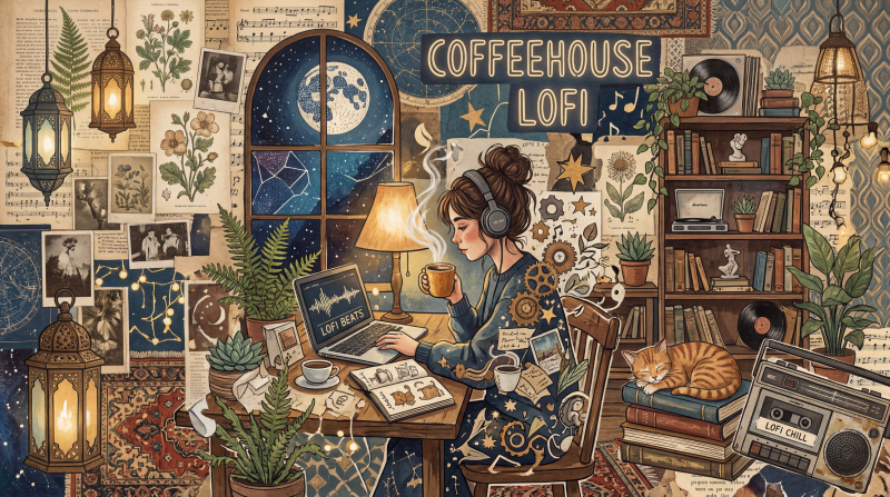{{ Cozy coffeehouse lofi scene: person with headphones at a cluttered desk with laptop, books, plants and cat by a moonlit window — 5K Ultra HD PC wallpaper. 
