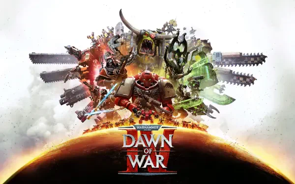Video game Dawn of War IV artwork: epic Warhammer clash over a glowing planet with space marines and alien foes, 4K Ultra HD PC desktop wallpaper background.