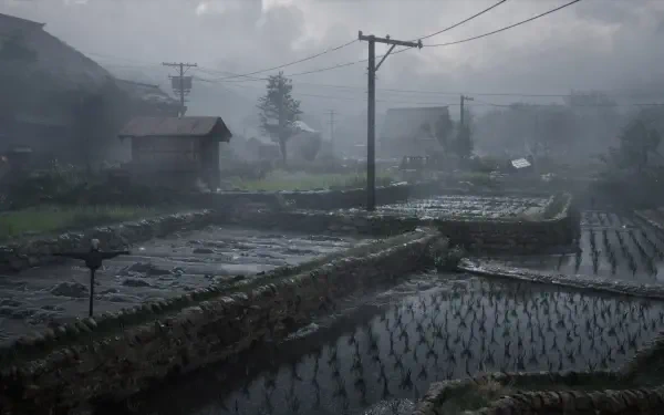HD PC desktop wallpaper: Silent Hill F video game scene, foggy rural village with flooded vegetable garden plots, rice paddies and weathered houses under gray skies.
