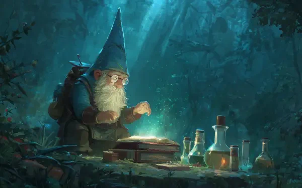 HD PC desktop wallpaper: a fantasy gnome healer channeling glowing healing magic over a book, surrounded by potions — an RPG fantasy character in a moonlit forest.
