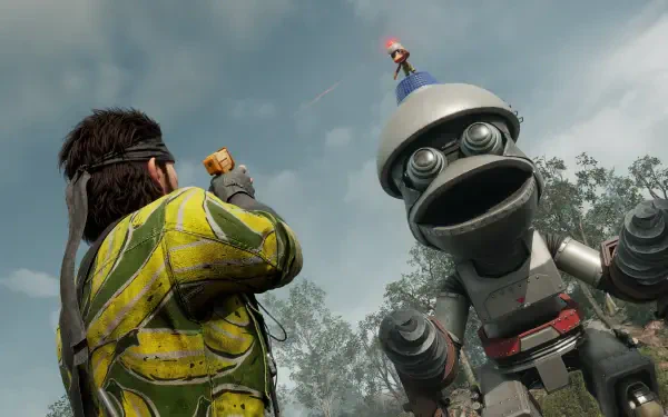 Metal Gear Solid Δ: Snake Eater scene — soldier in camo aims handgun at towering cartoonish robot in misty forest. 4K Ultra HD PC desktop wallpaper and background.