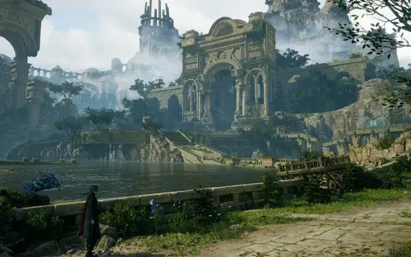 HD PC desktop wallpaper from the video game Lost Soul Aside: lone figure by a misty lake gazing at sprawling ancient ruins with crumbling arches and distant towers.