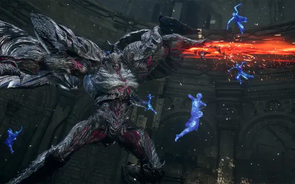 HD PC desktop wallpaper from video game Lost Soul Aside: a towering, armored monster unleashes a fiery beam at glowing blue spirit warriors in a ruined cathedral-like hall.