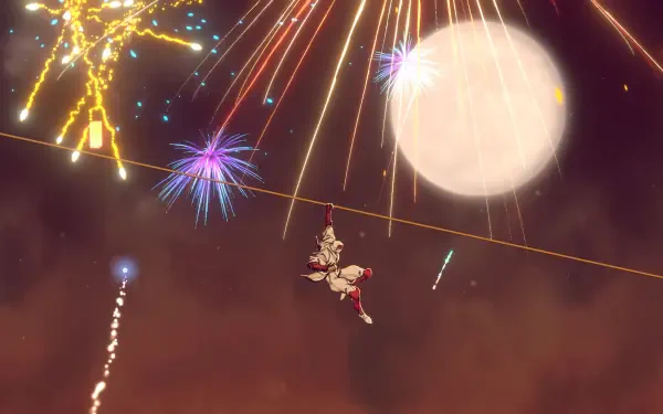 4K Ultra HD PC desktop wallpaper and background from the video game SHINOBI: Art of Vengeance — a shinobi swings on a rope beneath fireworks and a full moon.