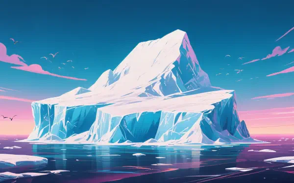 4K Ultra HD PC desktop wallpaper/background: stylized iceberg floating on calm, reflective polar waters beneath a vivid pink-and-teal sunset sky.
