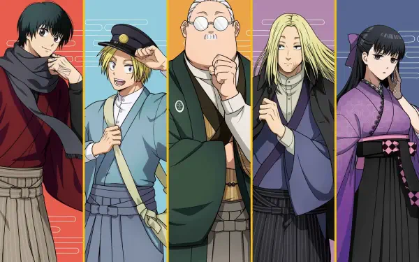 HD PC desktop wallpaper: Sakamoto Days anime lineup of five characters in vertical colored panels, each posing in modern/traditional attire against vibrant gradient backgrounds.