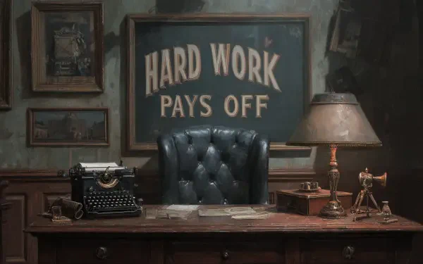 HD PC desktop wallpaper: vintage desk with typewriter and lamp, leather chair under a framed inspirational quote reading Hard Work Pays Off.