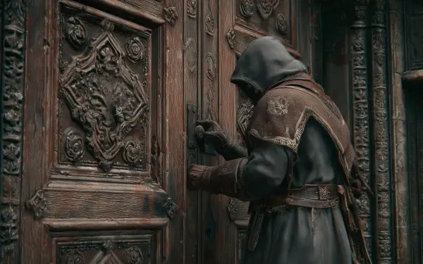 HD PC desktop wallpaper showing a hooded thief lockpicking an ornate carved wooden door in shadow.