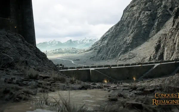 4K Ultra HD PC desktop wallpaper of Helm's Deep from the movie The Lord of the Rings: The Two Towers, fortress walls spanning a rain‑swept mountain gorge under grey skies.